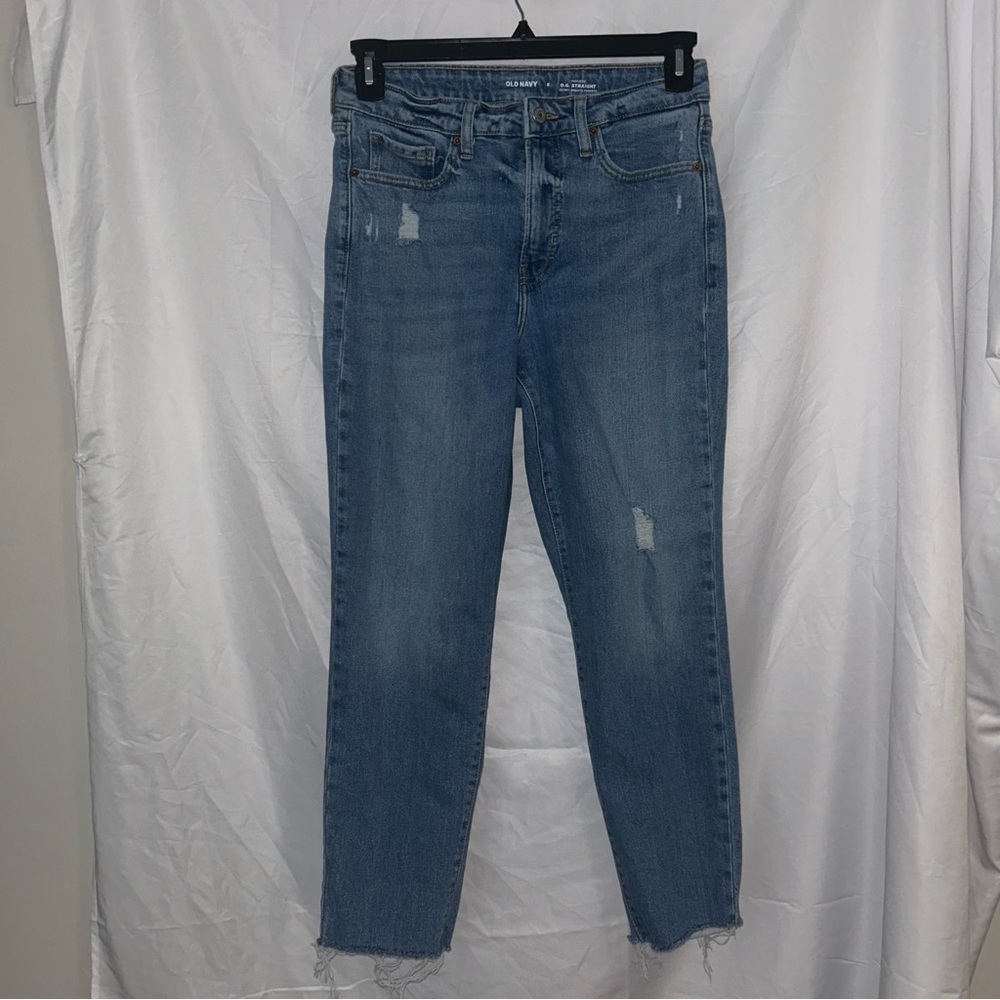 Old Navy Jeans High Rise OG Straight Leg Light Blue Wash Denim Pants Raw Hem 8